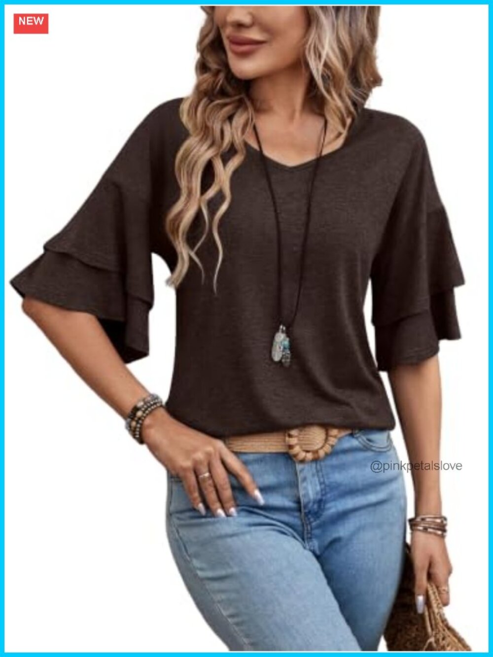 Sialois Women's 3/4 Ruffle Sleeve V-Neck Blouse Casual Tunic Top